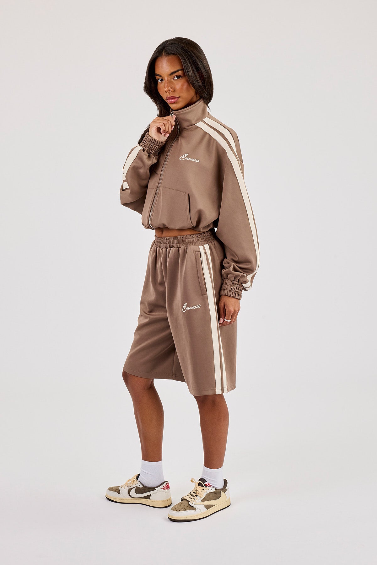 Taping Cropped Funnel Neck Jacket & Jort - Taupe